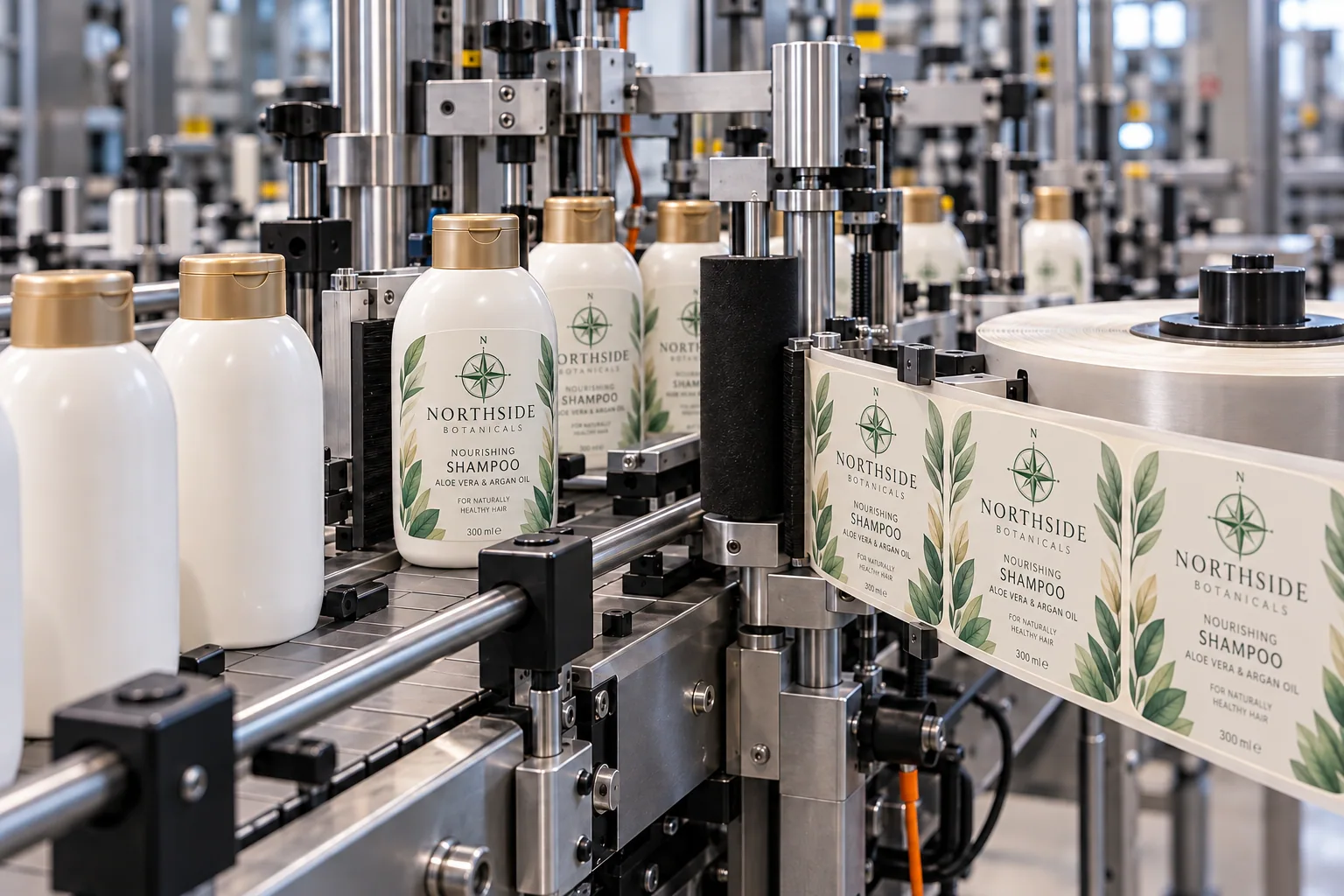 Illustrative cosmetic bottles with self-adhesive labels