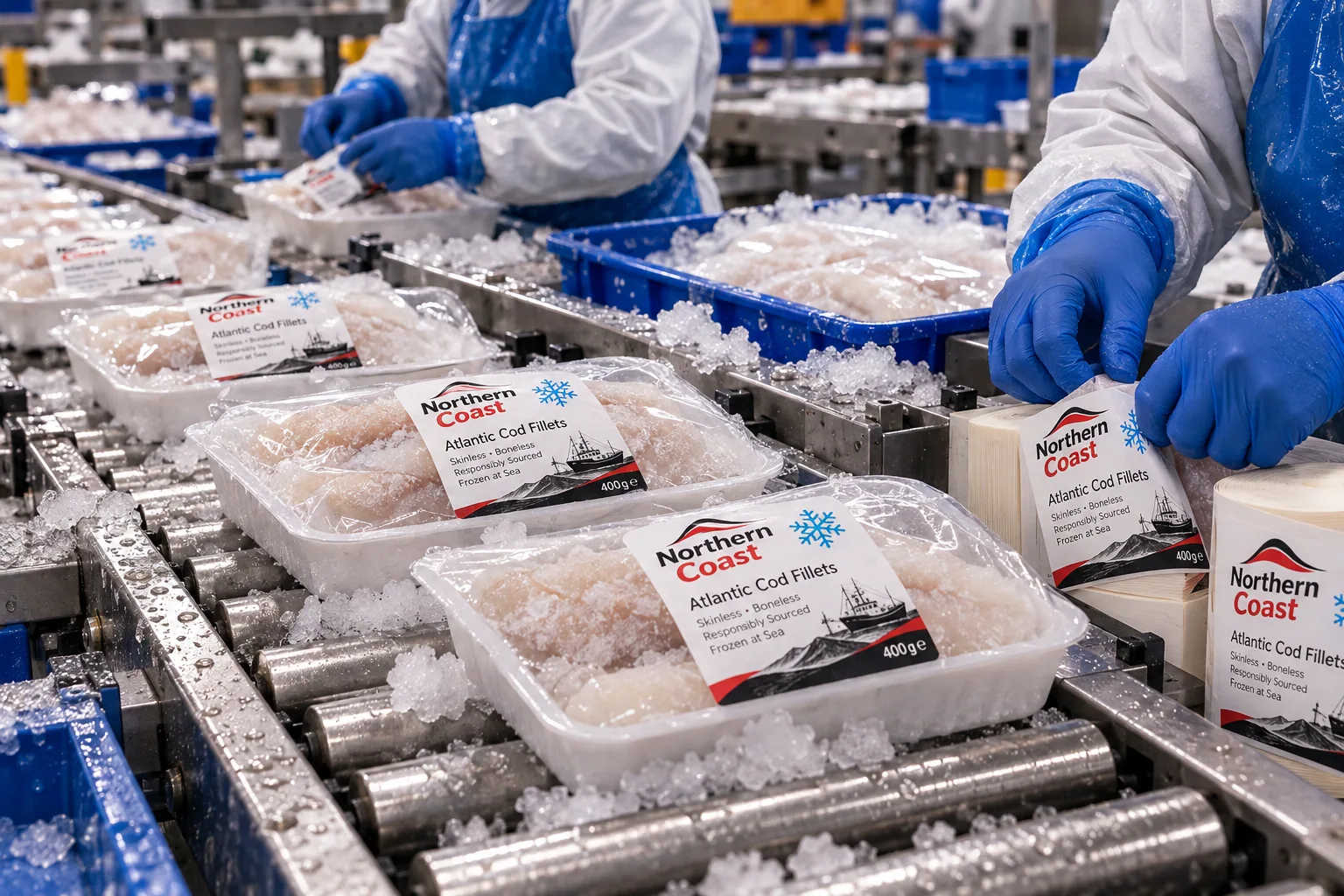 Representative seafood tray labels on cold packing line