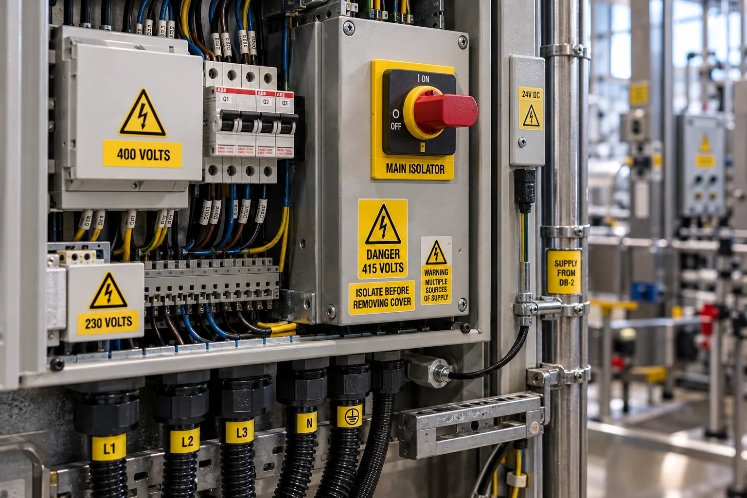 Illustrative warning and isolation labels on an industrial control panel